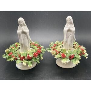 Set of 2 Inarco Ceramic Virgin Mary w/ Holly Wrapped Around Base Vintage E-2505